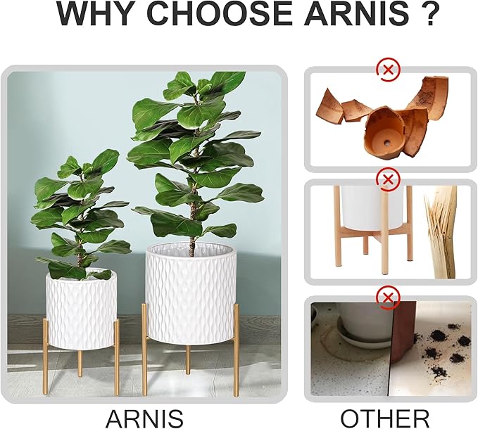 ARNIS Plants Pots with Stand, Set of 2 P lanters, Unique Mid Century Decorative Metal Flower Pots with Drainage, 8.25 & 10.5 Inch, White and Gold-Ruum Studio Home