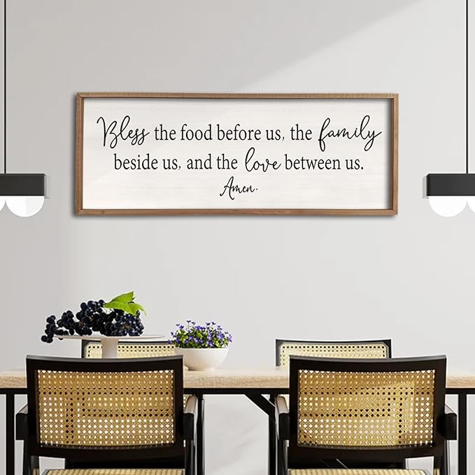 Bless the Food Before Us Sign Wall Decor 40"X15" Large Farmhouse Dining Room Wall Decor Framed Wood Rustic Home Wall Art Kitchen Hanging Decoration (Wood White)-Ruum Studio Home