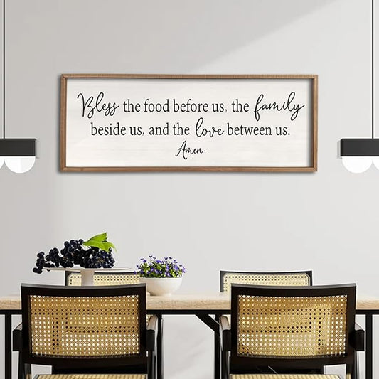 Bless the Food Before Us Sign Wall Decor 40"X15" Large Farmhouse Dining Room Wall Decor Framed Wood Rustic Home Wall Art Kitchen Hanging Decoration (Wood White)-Ruum Studio Home