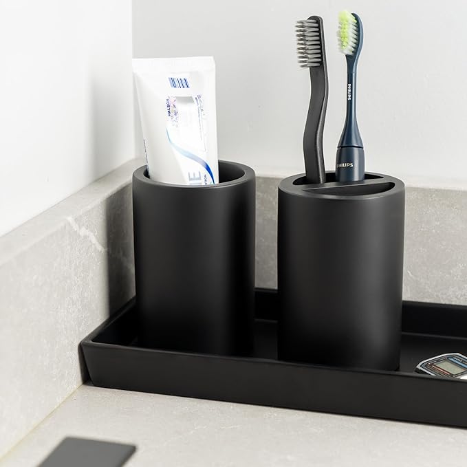 Matte Black Toothbrush Holder for Bathrooms – Modern Resin Countertop Organizer with Slots, Compact Toothbrush and Toothpaste Storage for Vanity, Hotel, Airbnb (Black)-Ruum Studio Home