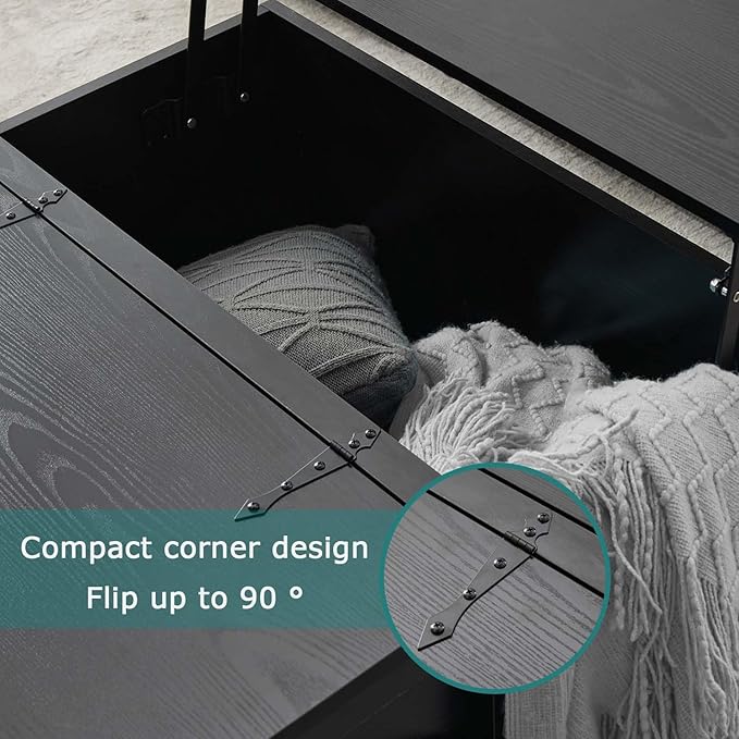 Black Coffee Table with Storage, Cocktail Table with Hinged Lift Top, Farmhouse Square Wood Center Table with Large Hidden Storage Compartment for Living Room, Square Coffee Table, Metal Edges Decor-Ruum Studio Home