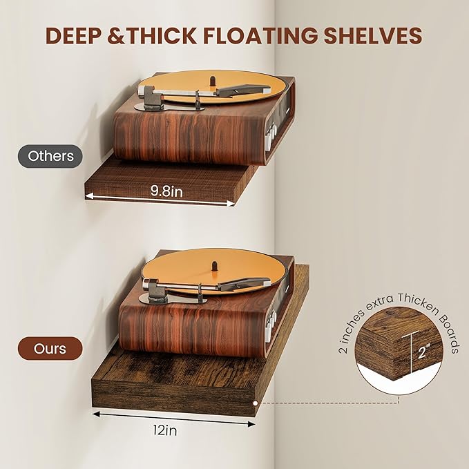 12" Deep Floating Shelves for Wall 55 Inches Long, Heavy Duty Wall Shelves for Bedroom Bathroom Kitchen Laundry Room, Farmhouse Rustic Shelves for Home Decor, 55" X 12" X 2" Set Of 2, Rustic Brown-Ruum Studio Home