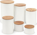 6 Canister Set for the Kitchen Countertop – Metal Food Storage Canisters with Airtight Lids for Flour, Tea, Crafts, Coffee, & Sugar – Container Set with Modern Wood Lids, White-Ruum Studio Home
