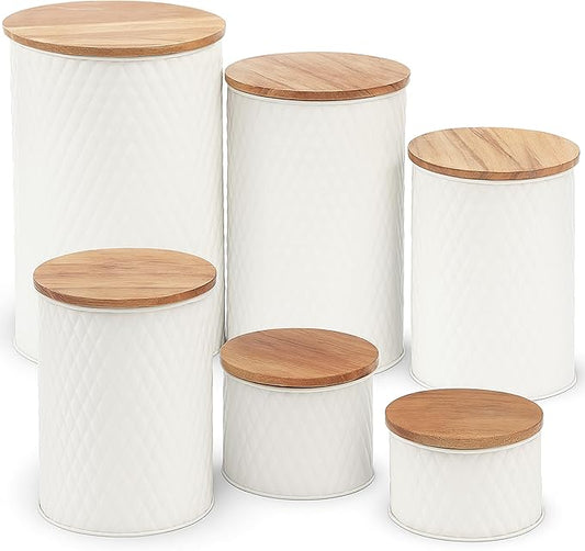6 Canister Set for the Kitchen Countertop – Metal Food Storage Canisters with Airtight Lids for Flour, Tea, Crafts, Coffee, & Sugar – Container Set with Modern Wood Lids, White-Ruum Studio Home