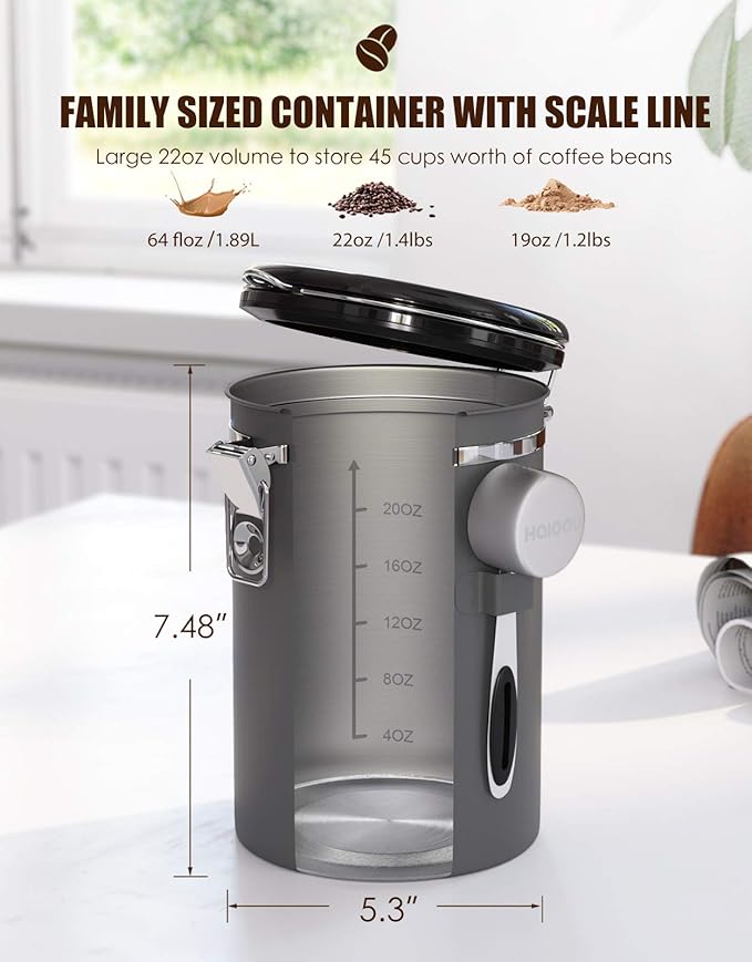 HAIOOU Airtight Coffee Canister, 22OZ Large Stainless Steel Coffee Bean Storage Container with Date Tracker, Measuring Scoop, CO2 Releasing Valves and Mini Tongs for Beans, Grounds and more - Gray-Ruum Studio Home