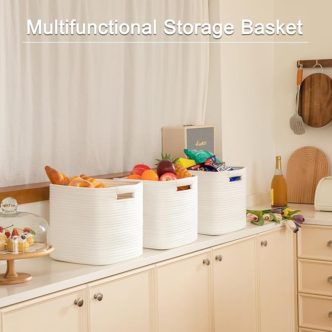OIAHOMY Storage Cubes 11 Inch - 3 Pack, Cotton Rope Woven Baskets for Organizing, Square Storage Baskets for Shelves Organizer, Classroom, Kids Toy Bins, Closet, Baby Nursery-White-Ruum Studio Home
