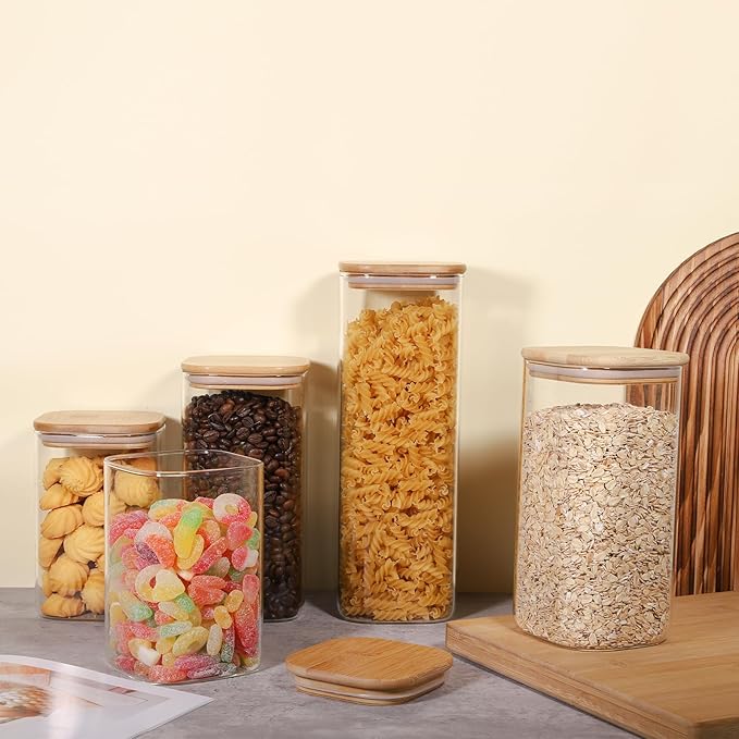 Glass Food Storage Jars 76 oz Set of 3,Glass Storage Containers Clear Glass Food Canister with Bamboo Lid Airtight For Serving Tea, Coffee, Flour, Sugar, Candy, Cookie, Spice and More (Square)-Ruum Studio Home