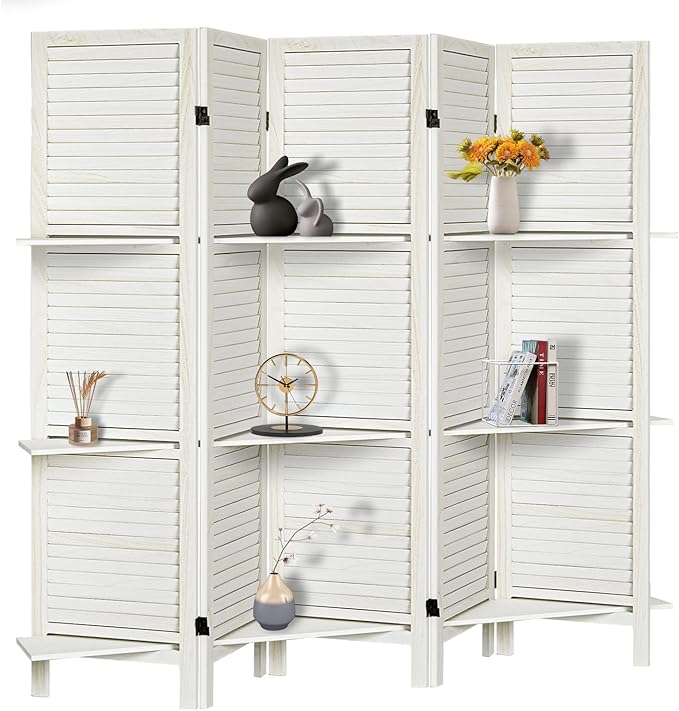Room Divider with Shelves, Privacy Screen, Room Dividers and Folding Privacy Screens, 5 Panel Wood Temporary Wall Partition Separation Separator, White-Ruum Studio Home