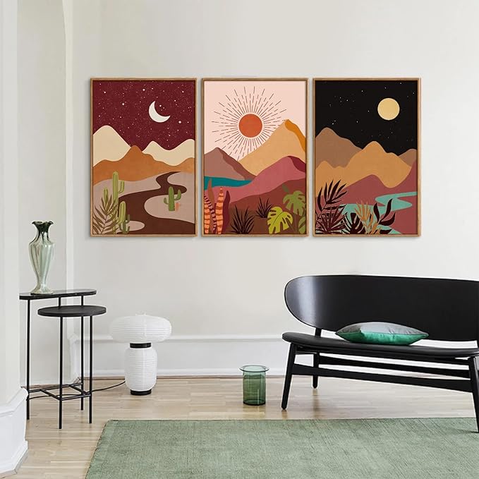 SIGNINART Boho Desert Framed Canvas Wall Art Set of 3, Colorful Sun and Moon Art Prints, Bohemian Modern Cactus Art Paintings, Southwestern Landscape Wall Decor for Living Room, Bedroom, Office 16"x24"-Ruum Studio Home