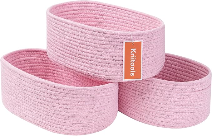 Cute Baskets for Shelf Storage Small Woven Basket to Store and Organize Daily Items/Durable Rope Basket for Living Room, Bedroom,Playroom/Oval-13x8.66x5.11’’,Stylish 3 Packs Pink-Ruum Studio Home