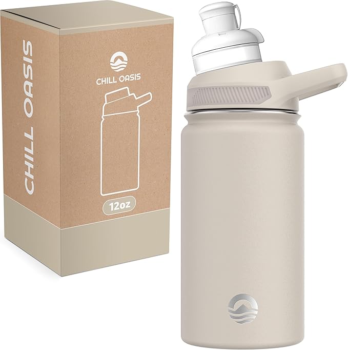 Chill Oasis Water Bottle | Compatible With Popular Flavor Cartridges | BPA Free, Leak Proof, Double-Walled Vacuum Insulated Stainless Steel, and Dishwasher Safe | Cold for 24 Hours (Beige, 12oz)-Ruum Studio Home