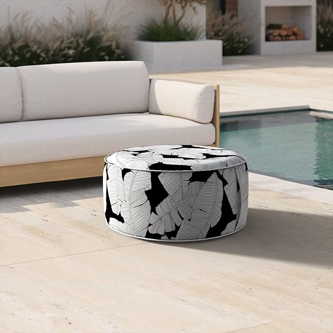 Inflatable Ottoman Stool D21 xH9 for Outdoor/Indoor Use, Water Repellent Patio Foot Rest Stool with Portable Handle,Round Pouf Ottoman Suitable for Garden,Deck and Camping - Black Leaves-Ruum Studio Home