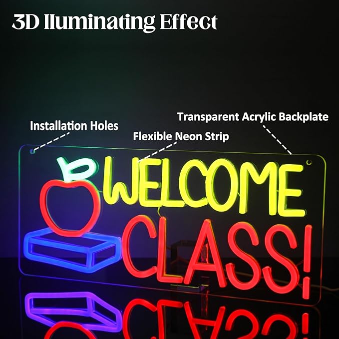 Welcome Class Neon Sign Student Classroom Neon Lights Apple Book LED Signs for Wall Colorful Back to School Wall Art Neon Light Up Signs for Classroom School Opens Party Decorations-Ruum Studio Home