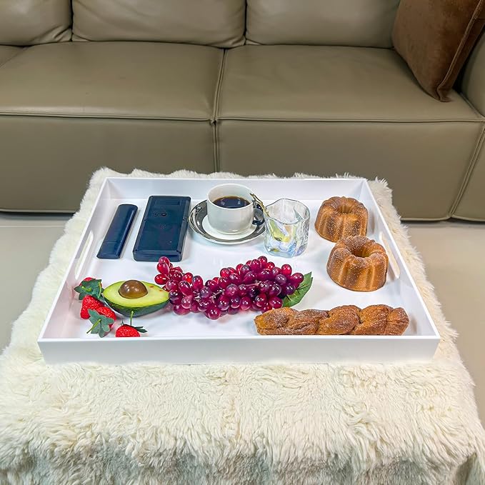 White Rectangular 16x20 Inches Acrylic Ottoman Tray Decorative Serving Tray with Cutout Handles Organizer Tray on Coffee Table Countertop Big Breakfast Bed Tray Living Room Appetizer Serving Food-Ruum Studio Home
