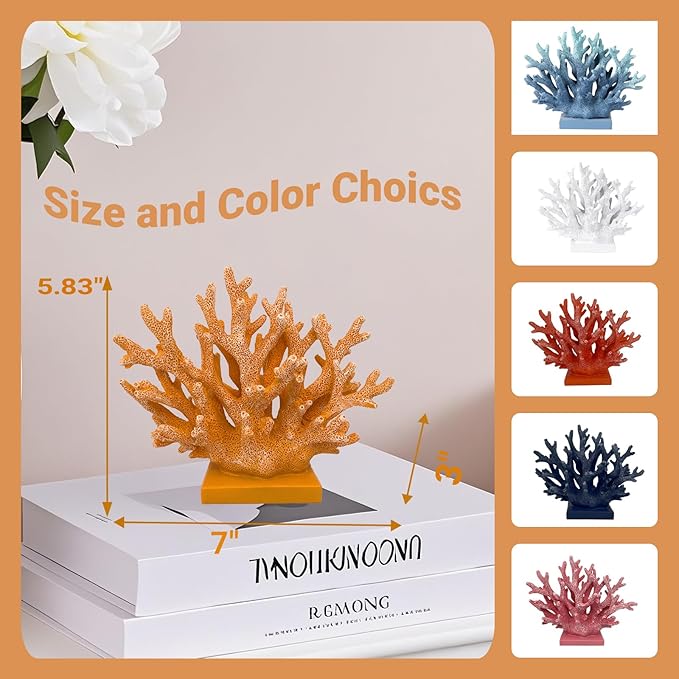 5.8" H Orange Coral Decor - Resin Coral Statue, Nautical Decor for Home, Bedroom, Bathroom, Living Room, Ocean Themed Cabinet Shelf Tabletop Decoration-Ruum Studio Home
