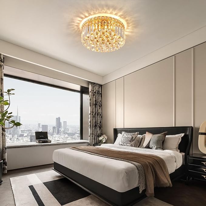 4-Light Gold Crystal Chandeliers Flush Mount Chandelier Light Fixture with K9 Crystals Modern Ceiling Lights Elegant Round Lamp for Bedroom,Hallway,Bar,Living Room,Dining Room,H5.9 xW13.7-Ruum Studio Home