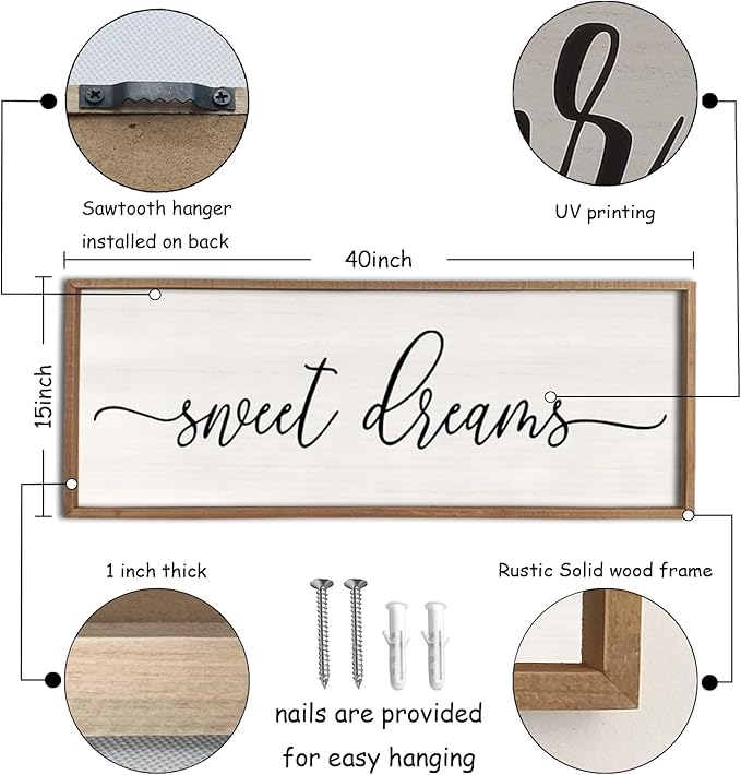 Sweet Dreams Wall Decor Above Bed 40''×15'' Master Bedroom Large Sweet Dreams Sign Farmhouse Wall Decor Guest Room Wood Rustic Framed Over Bed Wall Art Hanging Decoration (Wood White)-Ruum Studio Home