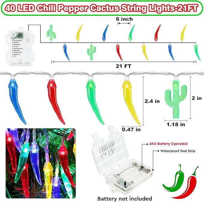 21FT [ 8 Modes & Timer ] Chili Pepper String Lights 40LED Fairy Lights Battery Operated for Indoor Outdoor Garden Pool Birthday Mexican Party Wedding Christmas Summer Tropical Decor-Ruum Studio Home