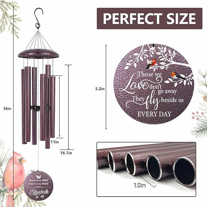 ASTARIN 36" Large Deep Tone Personalized Name Sympathy Wind Chimes, Cardinal Memorial Wind Chime for Loss of Mother Father Loved One, Bereavement Condolence Gifts Decor Outdoor Patio Garden-Ruum Studio Home