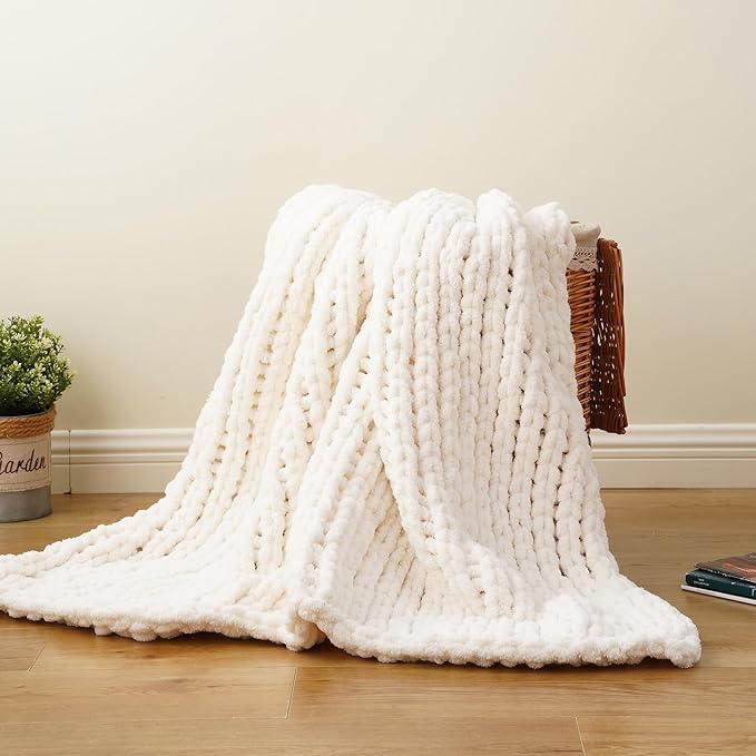 Battilo Chunky Knit Throw Blanket, Soft and Thick Chenille Throw Blanket, 50"x60" Handmade Cable Knit Crochet Blanket, Large Rope Knot Throw Blankets for Couch Sofa Bed Home Decor, Cream-Ruum Studio Home