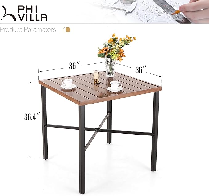PHI VILLA 36"X36" Outdoor Metal Counter Height Table with 1.57" Umbrella Hole, Square Table with Teakwood-Brown Table Top and Black Table Legs for Outdoor and Indoor-Ruum Studio Home