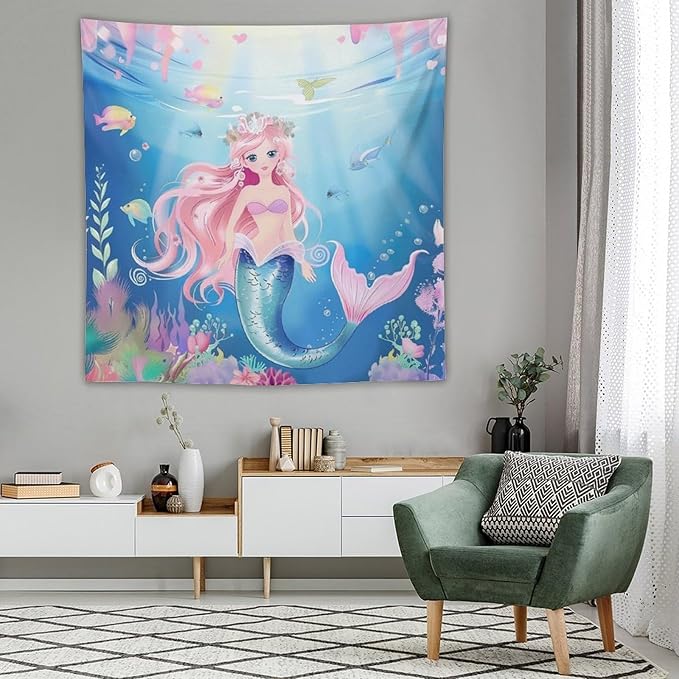 HZOHNAGO Mermaid Girls Tapestry Watercolor Mermaid Princess Pattern Printed Wall Tapestry Wall Hanging for Bedroom Living Room Dorm 60" W x 60" H-Ruum Studio Home