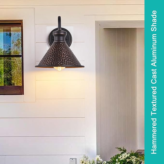 2 Pack Dusk to Dawn Outdoor Wall Light Fixtures Photocell Sensor, Exterior Sconce Light with Cast Hammered Aluminum Shade, Outside Wall Mount Lamp for House Patio Garage Entryway Doorway-Ruum Studio Home