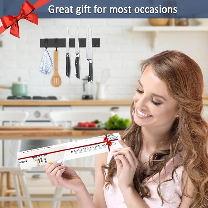 Dmore magnetic knife holder for wall—with 2 hooks, No Drilling 12 Inch black knife magnetic strip, Powerful knife magnet rack, include Adhesive Tape and screws for Knives, Utensils, and Tools-Ruum Studio Home
