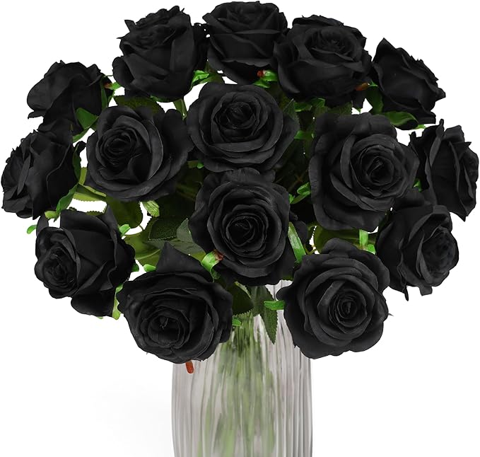 Black Fake Roses Artificial Flowers - 10 Pcs Fake Artificial Roses Silk Flowers with Stems for Home Wedding Hotel Office Centerpiece Decor-Ruum Studio Home