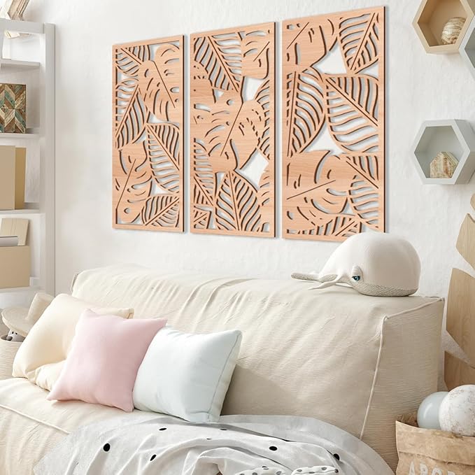 IARTTOP Leaf Wood Tropical Wall Art 15.9X32 Inch Carved Palm Leaves Wall Decor Coastal Monstera Plant Wall Sculptures for Living room Bedroom Set of 3-Ruum Studio Home