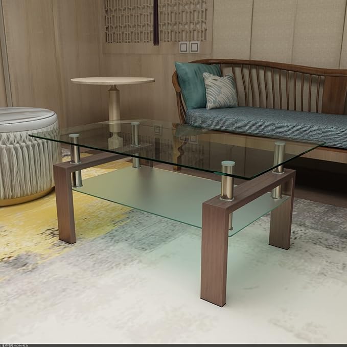 Glass Coffee Table for Living Room, Mordern Sofa Center Tables with Storage, Brown Metal Leg, Rectangle Tempered Glass Center Table Home Furniture-Ruum Studio Home
