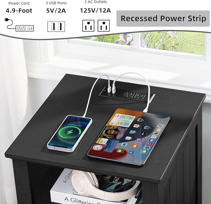 18" Night Stands Set of 2 with Charging Station, Farmhouse 2 & 3 Drawers End Table Dresser for Bedroom, Black Wooden Nightstand, Bed Side Table with Open Shelf, Bedside Cabinet for Living Room-Ruum Studio Home