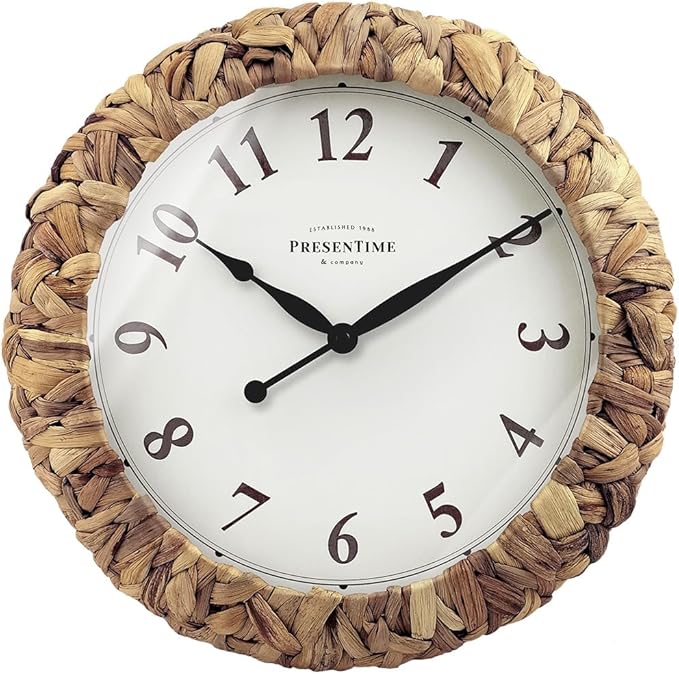 Presentime & Co. Farmhouse Series, Rustic Woven Clock, 14 inch, Natural Woven Water Hyacinth/Sea Grass. Wall Sculpture, Wall Art and Timepiece for Home Decoration/Decoration/Farmhouse Décor-Ruum Studio Home