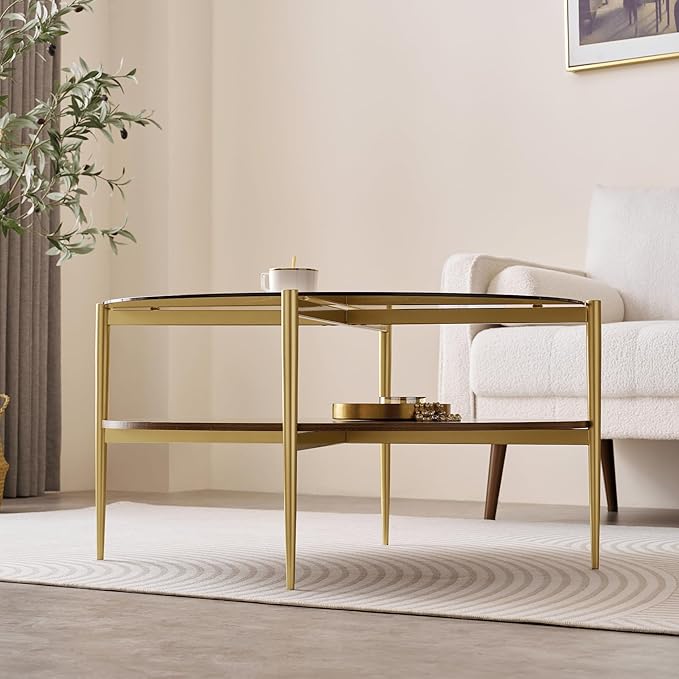 Extra Large Round Coffee Table, Mid-Century Modern Design, D34 x H17 in, for Living Room, 2-Tier Structure, Amber Glass Top and Walnut MDF Shelf, Sleek Conical Metal Legs with Gold Finish-Ruum Studio Home