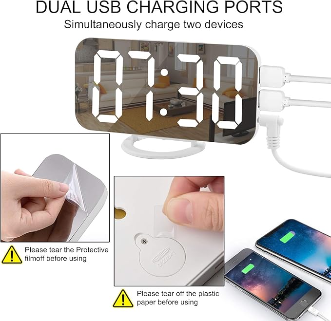 SZELAM Digital Clock Large Display, LED Electric Alarm Clocks Mirror Surface for Makeup with Diming Mode, 3 Levels Brightness, Dual USB Ports Modern Decoration for Home Bedroom Decor-White (001)-Ruum Studio Home