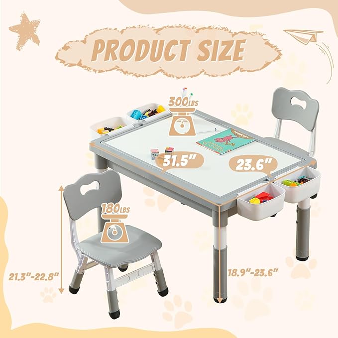 Multi Functional Kids Table and 2 Chairs Set, Graffiti & Building Blocks Double-Sided Tabletop, Toddler Play Table with Drawers, Large Storage Space, Gift for Boys/Girls, Gray-Ruum Studio Home