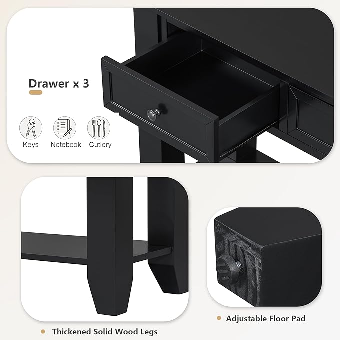 Farmhouse Modern Console Table 55.4-Inch Entryway Sofa Table with Drawers & Storage Shelf for Living Room Hallway Entrance, Black-Ruum Studio Home