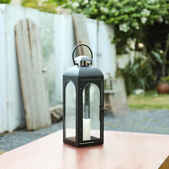 Bdor 20 Inches Metal and Stainless Steel Glass Decorative Lantern with Electronic Wax Effect - Indoor/Outdoor Decorative Lighting, Handcrafted Aesthetic, Perfect for Home, Parties, and Holiday Decor-Ruum Studio Home