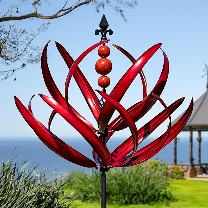 LimeHill Wind Spinner for Garden and Yard - Large Metal Kinetic Wind Sculptures for Outdoor Decor (91 Inches, Burgundy Lotus)-Ruum Studio Home