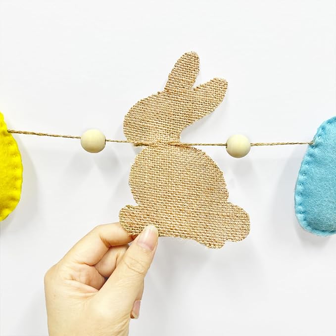 Easter Party Decorations Burlap Rabbit Bunny 3D Felt Egg with Wood Beads Garland Felt Easter Sign Burlap Pennant Banner Flag with Pastel Ribbon for Easter Spring Birthday Baby Shower Party Supplies-Ruum Studio Home