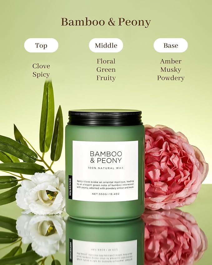 M&SENSE Bamboo Peony Spring Large Candles for Home Scented 19.4oz 110 Hour Long Lasting Burn Natural Organic Soy Candle Gifts for Women, Fresh Smelling Aromatherapy Gifts for Stress Relief-Ruum Studio Home