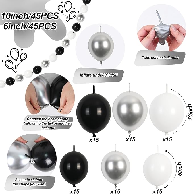 Black White and Gold Linking Balloons, 90PCS Black Gold and White Balloon Arch, Metallic Silver Quick Linked Connecting Balloon for Wedding Birthday Baby Shower Graduation New Year Party Decorations-Ruum Studio Home