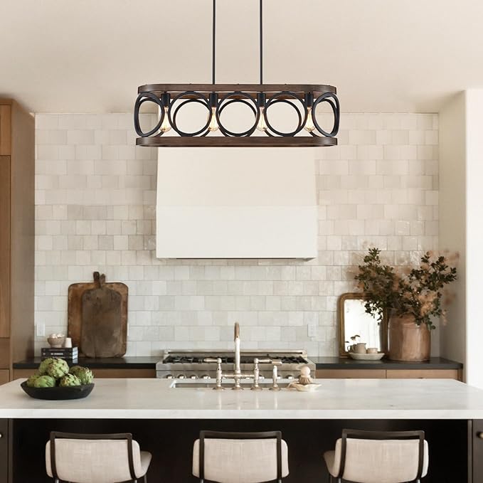 XINGQI Rectangular Linear Kitchen Island Chandeliers Over Table 32.7" Black Pendant Lighting Fixtures Farmhouse 4-Light for Dining Room Bar Office Coffee Shop, Black Wood Grain-Ruum Studio Home