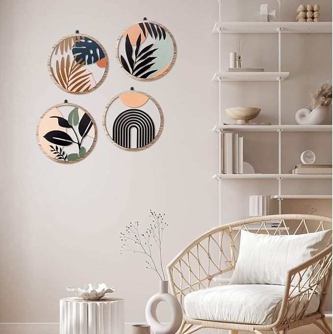 Qunclay 4 Pieces Boho Wall Art Wooden Bohemian Wall Decor Hanging Art Nursery Decor Farmhouse Geometric Hanging 10 Inch Aesthetic Wood Minimalist for Apartment Bedroom(Elegant)-Ruum Studio Home