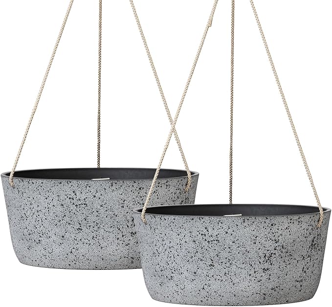La Jolie Maison Large Hanging Planters - 12 Inch Outdoor Flower Pots, Rock Gray Hanging Garden Planters Set of 2-Ruum Studio Home