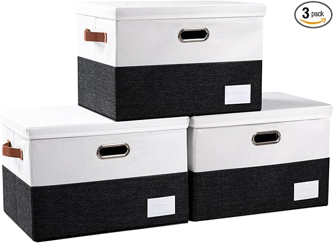 PRANDOM Foldable Storage Bins with Lids [3-Pack] Fabric Collapsible Storage Boxes Baskets Cubes Containers with Handles for Closet Living Room Bedroom (Black & White 17.7x11.8x11.8'')-Ruum Studio Home