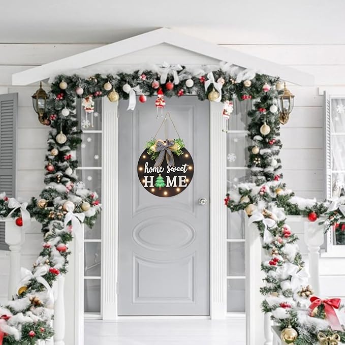 Interchangeable Welcome Sign for Front Door with 14 Changeable Icons, Farmhouse Front Porch Decor Rustic Wooden Wall Sign with 12 LED Lights, Outdoor Seasonal Welcome Home Decorations (Black1)-Ruum Studio Home