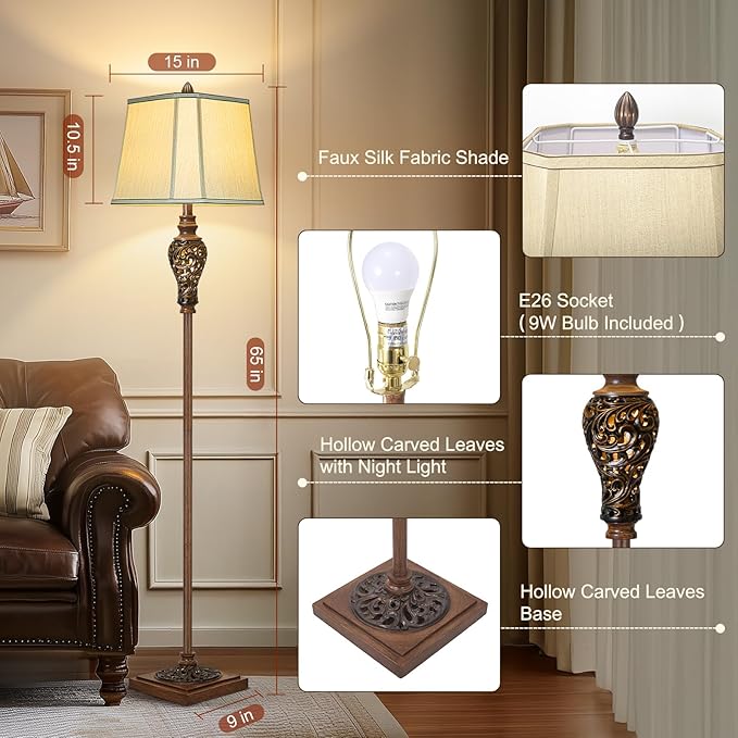 Vintage Floor Lamp with Nightlight, 65" Rustic Standing Lamp with Beige Faux Silk Shade, Farmhouse Style Design Tall Lamp Decor for Living Room Bedroom Study Home Office Corner- Bronze (Bulb Included)-Ruum Studio Home