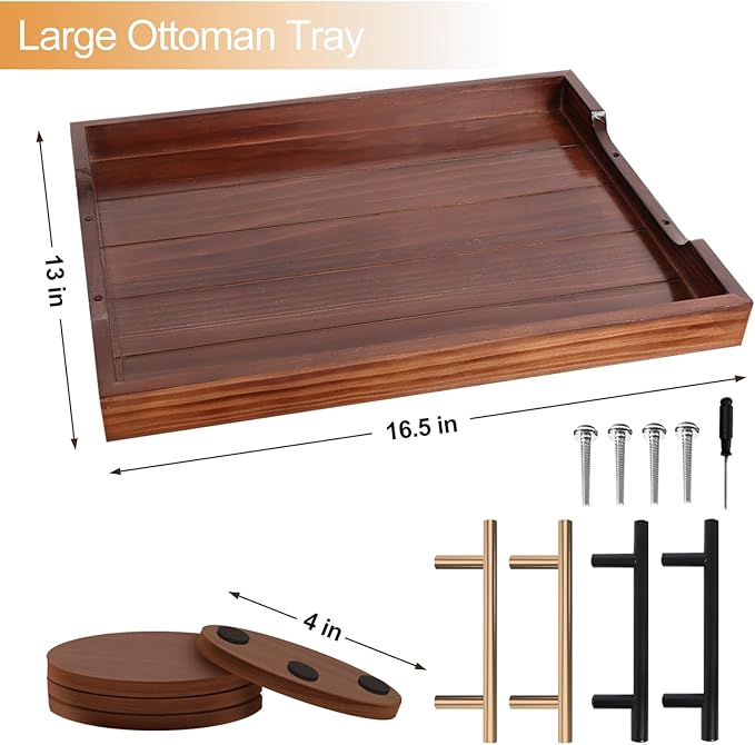 Coffee Table Tray - Large Ottoman Trays for Living Rooms - Wood Serving Tray with Handles(2 Sets) - Wooden Tray for Coffee Table, 4 Round Coasters Included, Dark Brown-Ruum Studio Home