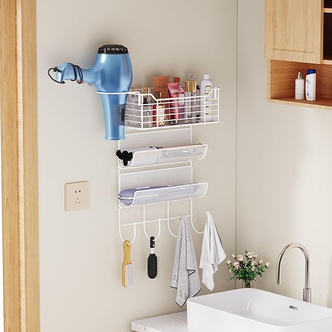 VITVITI Metal Hair Tool Organizer Wall Mount, Hair Dryer Holder with 3 Tier Shelf Basket Hooks, Bathroom Hair Styling Tool Organizer for Curling Iron/Blow Dryer/Straightener, White-Ruum Studio Home